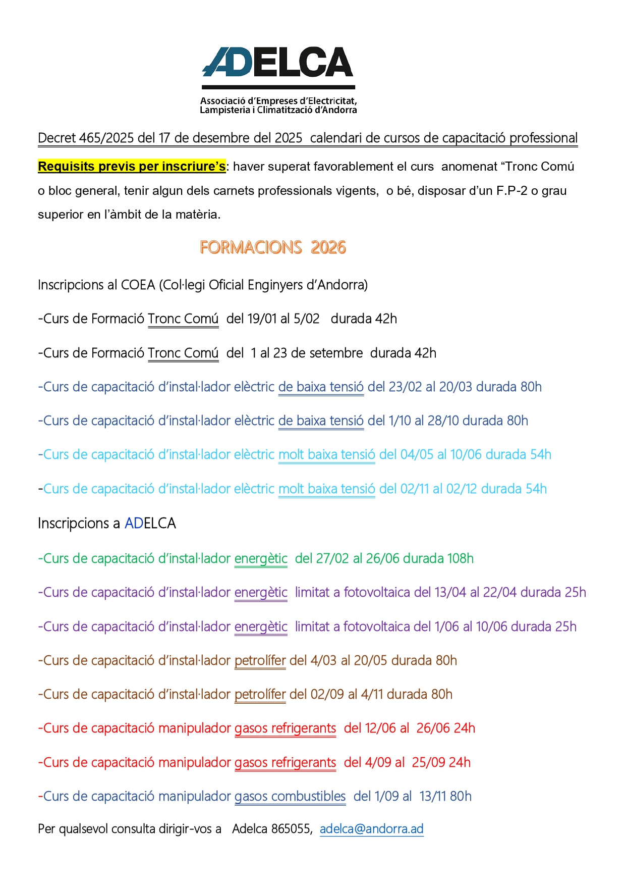 CALENDARI DE  FORMACIONS PER L’ANY 2026